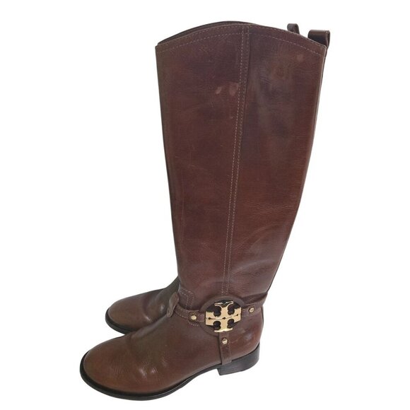Tory Burch Aaden Riding Boots Cognac Leather Gold Logo Zip Closure Size 6M - Picture 3 of 16